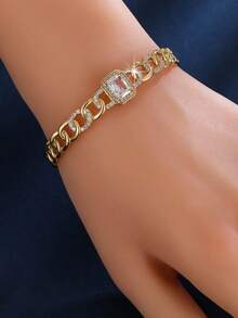 1 chiếc vòng tay kiểu Cuban link hở sang trọng, tối giản, đa năng, đính đá Cubic Zirconia hình vuông, thích hợp đeo hàng ngày hoặc làm quà tặng bạn bè. - vòng đeo tay - Xem 2