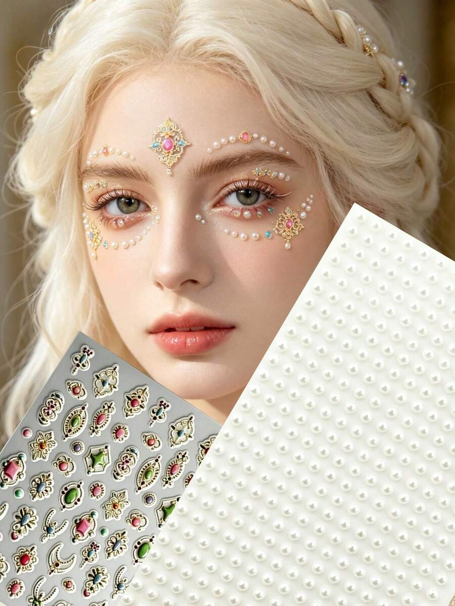 2026 Bohemian Style Face Makeup, Pearl Rhinestone Decor With Bohemian Pattern Stickers, Create Unique Makeup Look, Self-Adhesive, Suitable For Face, Eyebrows, Hair, Body Decoration - Multicolor - View 1