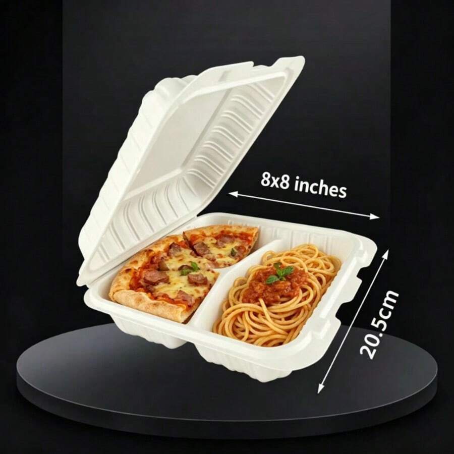 3格一次性外卖食品容器，8x8英寸，900毫升翻盖式餐盒，适用于学校午餐、办公室、野餐、露营（30/50/150个装） - 白色 - 查看 1