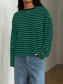 Blusa casual para mujer, de tela acanalada con bloques de color a rayas, para uso diario en primavera/otoño - Verde Oscuro - Ver 6