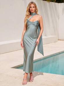 LOVE&LEMONADE Sexy Women's Mint Green Backless Sleeveless Pleated Strapless Tie-Up Dress Wedding Spring - Mint Green - View 1