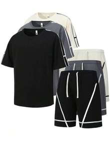 2pcs/Set Men's Summer New Fashionable Loose Comfortable Casual Street Style T-Shirt And Shorts Set, Contrast Color Patchwork Design - Black - View 7