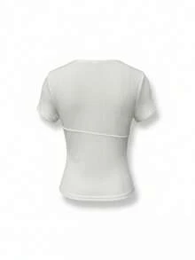 Áo thun ngắn tay raglan ôm sát cổ lệch bất đối xứng, kiểu dáng sinh viên, dáng ngắn dành cho nữ. - Màu be - Xem 8