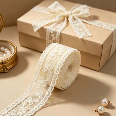 5yds/10yds Beige Embroidered Lace Trim With Silk Flower Lace Satin Ribbon, DIY Handmade Gift Packaging Decoration Supplies, Sewing Craft Scrapbooking Decoration