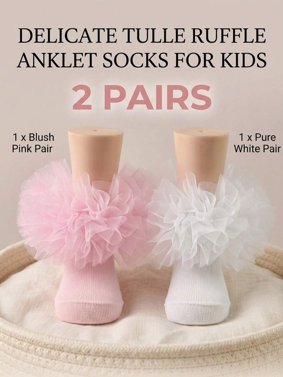 2 Pasang Kaos Kaki Anak Perempuan Berbulu dengan Hiasan Rumbai, Warna Putih & Merah Muda Polos, Kaos Kaki Putri yang Elastis dan Nyaman, Cocok untuk Semua Musim - MultiWarna - View 1