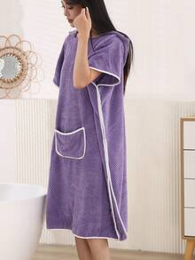 1pc Women's Striped Soft Absorbent Hooded Sleeveless Oversized Casual Bath Robe, Wearable Poncho For Bathing, Surfing, Beach, Outdoor Activities - Mauve Purple - View 5