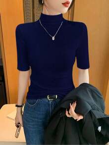 Women's Knit Blouse With High Neck And Short Sleeves, Simple, Ribbed Fabric, Sizes S, M, L - Royal Blue - View 3