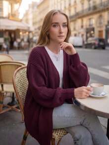 Women's Cardigan Jacket, Knitted, Puff Sleeve, Open, Winter Comfort - Redwood - View 2