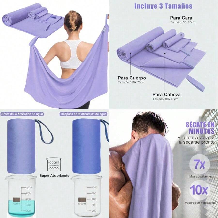 SAN KARA Toallas Deportivas de Microfibra 3 PCS - Toallas Microfibra Secado Rápido Ligeras para Viaje Playa Natación Yoga y Gimnasio Toallas para Gym (Lila Claro) - lila claro - Ver 1