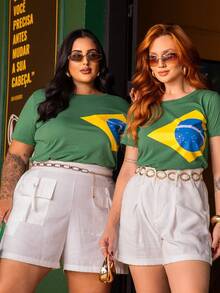 Brazil T-Shirt, Women's T-Shirt, World Cup, Green And Yellow Flag, 2026 , Sizes P To G3 Plus, 100% Cotton Fabric - 套件 03 綠/黃/藍 - 查看 2