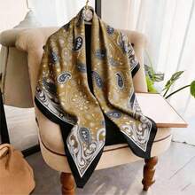 1pc 43-Inch Women's Silky Smooth Printed Square Scarf, Suitable For Holidays, Outings And Daily Wear - Black - View 6
