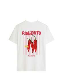 Women's Reversible Short-Sleeve T-Shirt With Guava/Chili Fruit Print, Casual Vintage Style With Fruit And Vegetable Theme, Loose Fit, Slimming Effect, Comfortable And Breathable, American Retro Style For Vacation, Women's T-Shirt, Perfect For Beach Vacations, Summer Outings, Girls' Meetings, Daily Wear, Music Festivals, Summer Outfits, Y2K Summer Printed Women's T-Shirts. - 白色的 - 查看 3