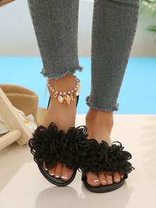 Plus Size Women's Summer Flat Gold Trim Elegant Comfortable Slides, Floral Decor Fashion Versatile Beach Home Outdoor Vacation Sandals - Black - View 3