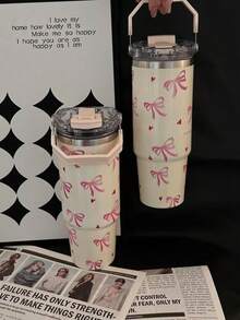 1pc 900ml (33.44oz) Stainless Steel Cup With Handle And Straw, Cute Bow & Heart Design, Double-Wall Insulated For Hot/Cold Drinks, Ideal For Home, Office, Outdoor Use, Also A Great Gift For Friends, Birthday Or Christmas - Bow - View 7