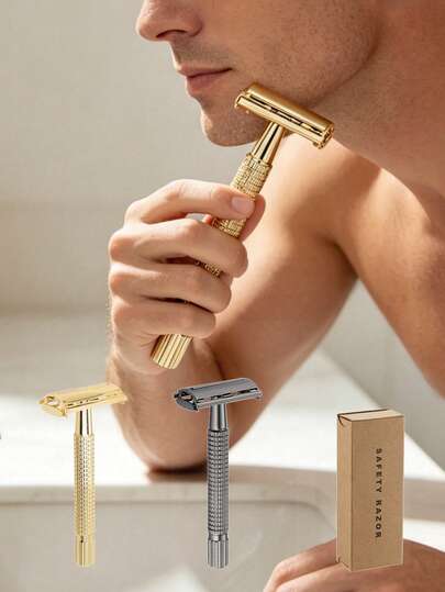 Maquinilla de afeitar de de precisión, 1 pieza de metal de aleación premium de doble filo para hombres, estilo minimalista vintage, mango texturizado antideslizante con acabado dorado/plateado y diseño reutilizable, suave para el recorte de barba, herramientas para hombres y alternativa a las cortadoras, regalo ideal para el Día del Padre, cumpleaños y aseo diario, perfecto para uso en el hogar, viajes y barbería profesional