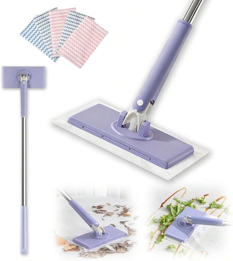 1pcs Mini Mop, 360° Swivel Head Lazy Mop For Floors & Walls, Hands-Free Cloth Change, Adjustable Handle For Wet/Dry Multi-Surface Cleaning (Purple) - A - View 1