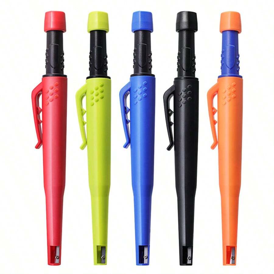 5pcs High Quality Carpenter Pencils, Able To Leave Deep Marks, Built-In Sharpener, Clip Included. Suitable For Woodworkers And Construction Workers.