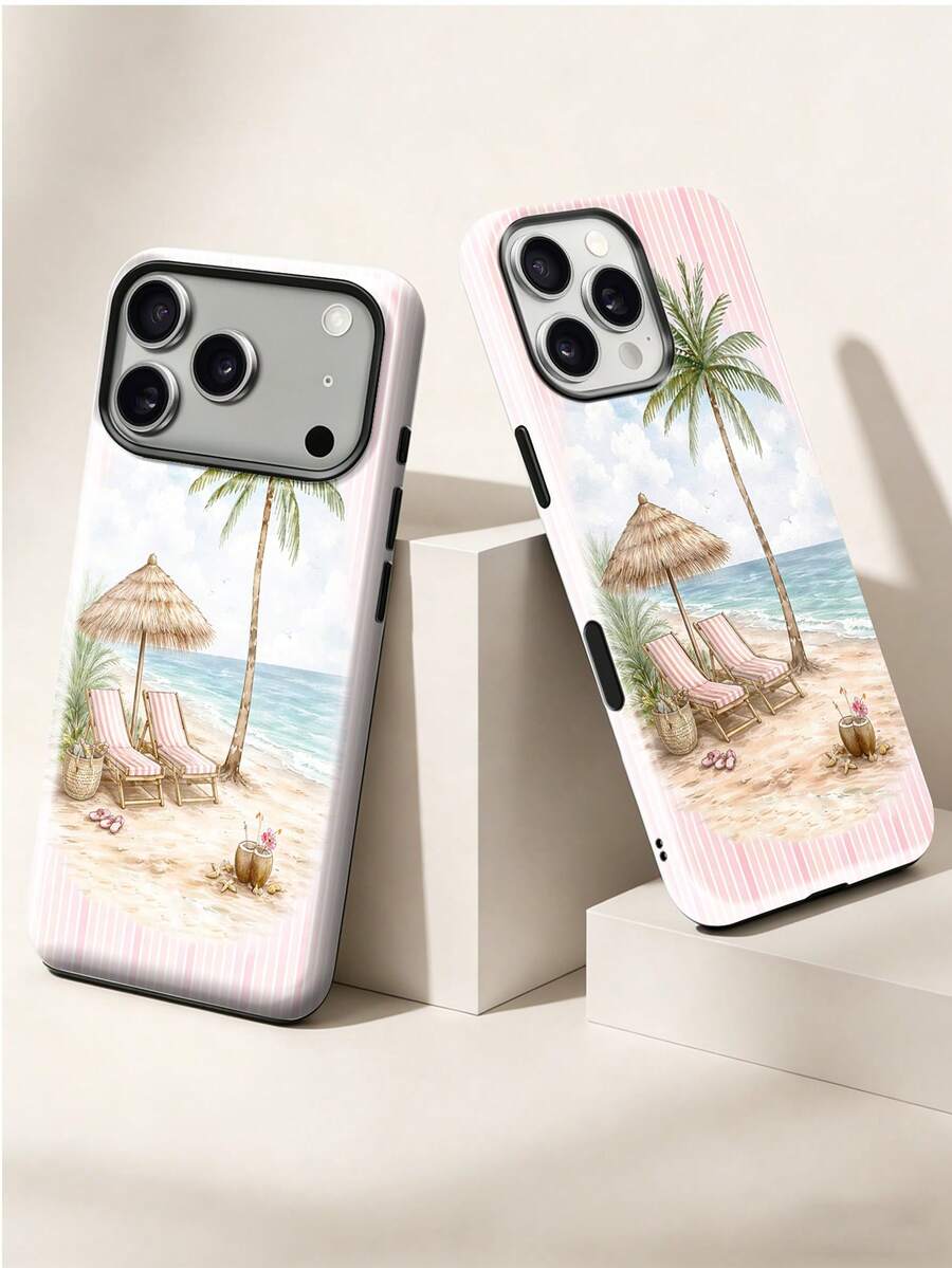 1pc Fashionable Phone Case With Beach Coconut Tree Print Design, Featuring Smooth Surface And Dual-Layer Structure For Glossy Anti-Drop Protection, Specially Designed For IPhone 17 Pro Max, Also Fully Compatible With IPhone 16 Pro Max, 15 Pro Max And 14 Pro Max - Multicolor - View 1