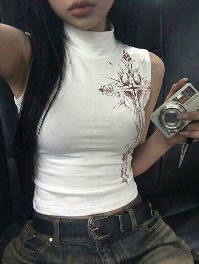 Top Casual Feminina Sem Mangas com Gola Alta Estampada