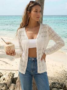 女士优雅镂空网纱长袖沙滩罩衫开衫 白色 春季 - 白色 - 查看 3