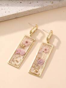 一对粉色花朵金箔干花树脂水滴耳环，精致永生花长方形耳环，小众设计耳环，适合学生、校园日常、春季郊游、朋友聚会、生日派对等场合，花美风/法式风/甜美少女风 - 粉色 - 查看 11