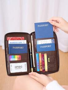 CHARM INFINITE Neue RFID Anti-Magnetische Geldbörse, Reißverschluss Passtasche, Zertifikattasche, Ticket Aufbewahrungstasche, Multifunktionale Reisebörse mit großer Kapazität, Modische Reisetasche für Flugreisen ins Ausland - Kaffeebraun - Übersicht 3