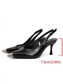 Modische und elegante Damen Pumps mit Metalldekor an der Zehenkappe, Slip-On mit verstellbarem Riemen und Schnalle, hoher Absatz in Schwarz, geeignet für den täglichen Weg zur Arbeit, das Büro und Abendanlässe - Schwarz - Übersicht 8