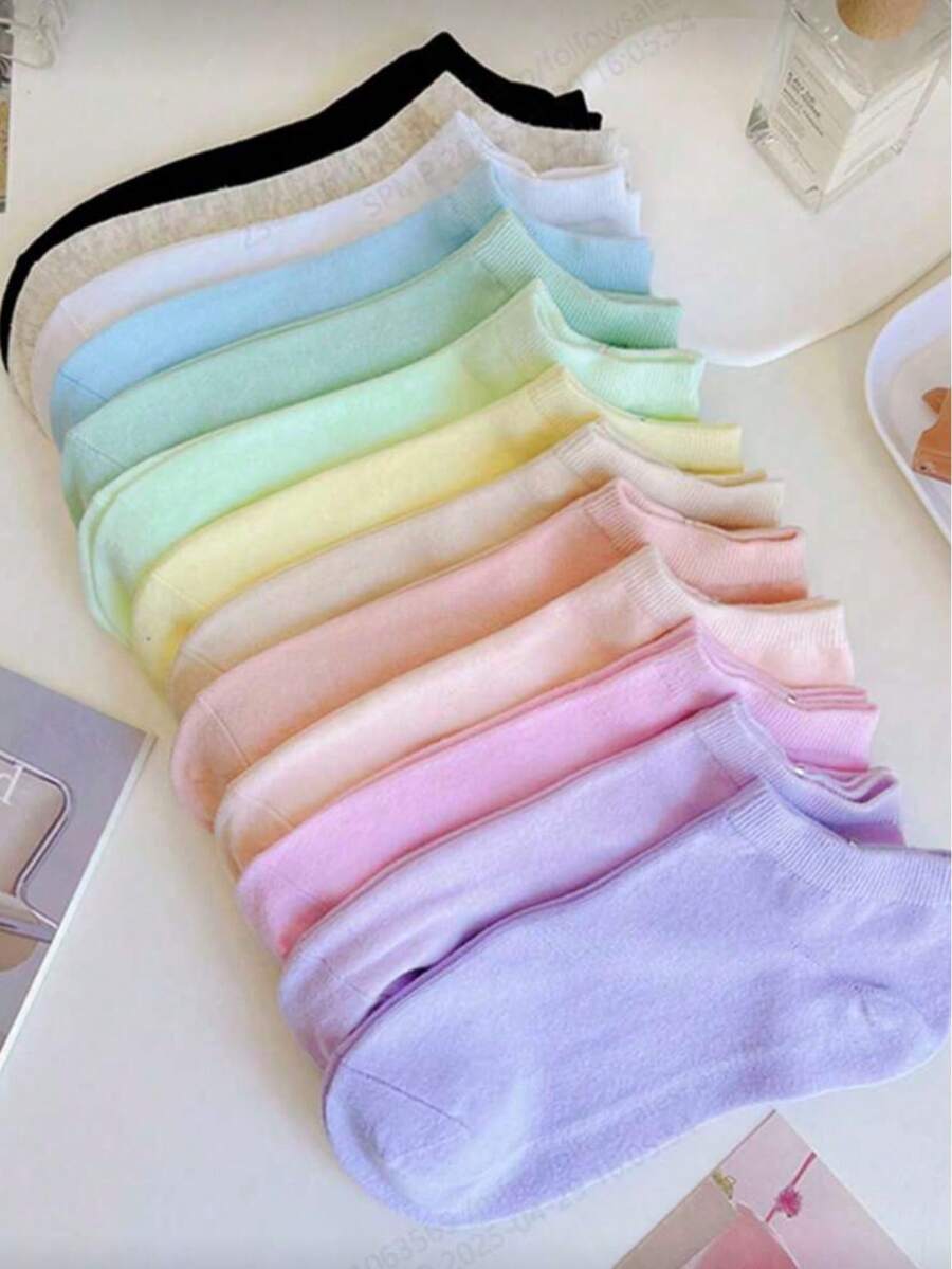 8/10/15 pares de calcetines de tobillo para mujer, unicolor aleatorio, estilo minimalista, casual, deportivo, versátil y de moda - Multicolor - Ver 1