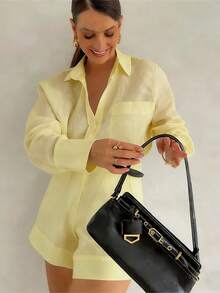 UREREM Conjunto de pantalón corto y manga larga de unicolor, elegante y de moda para mujer, de tela tejida de 120 g, estilo minimalista para ir al trabajo, de alta gama para primavera - Rosa - Ver 8