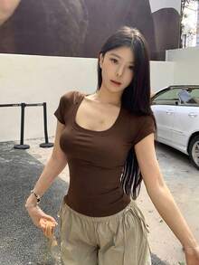 U-Neck Short Sleeve T-Shirt, Stretchy Slim Fit Solid Color All-Match Tee Casual Summer - Coffee Brown - View 9