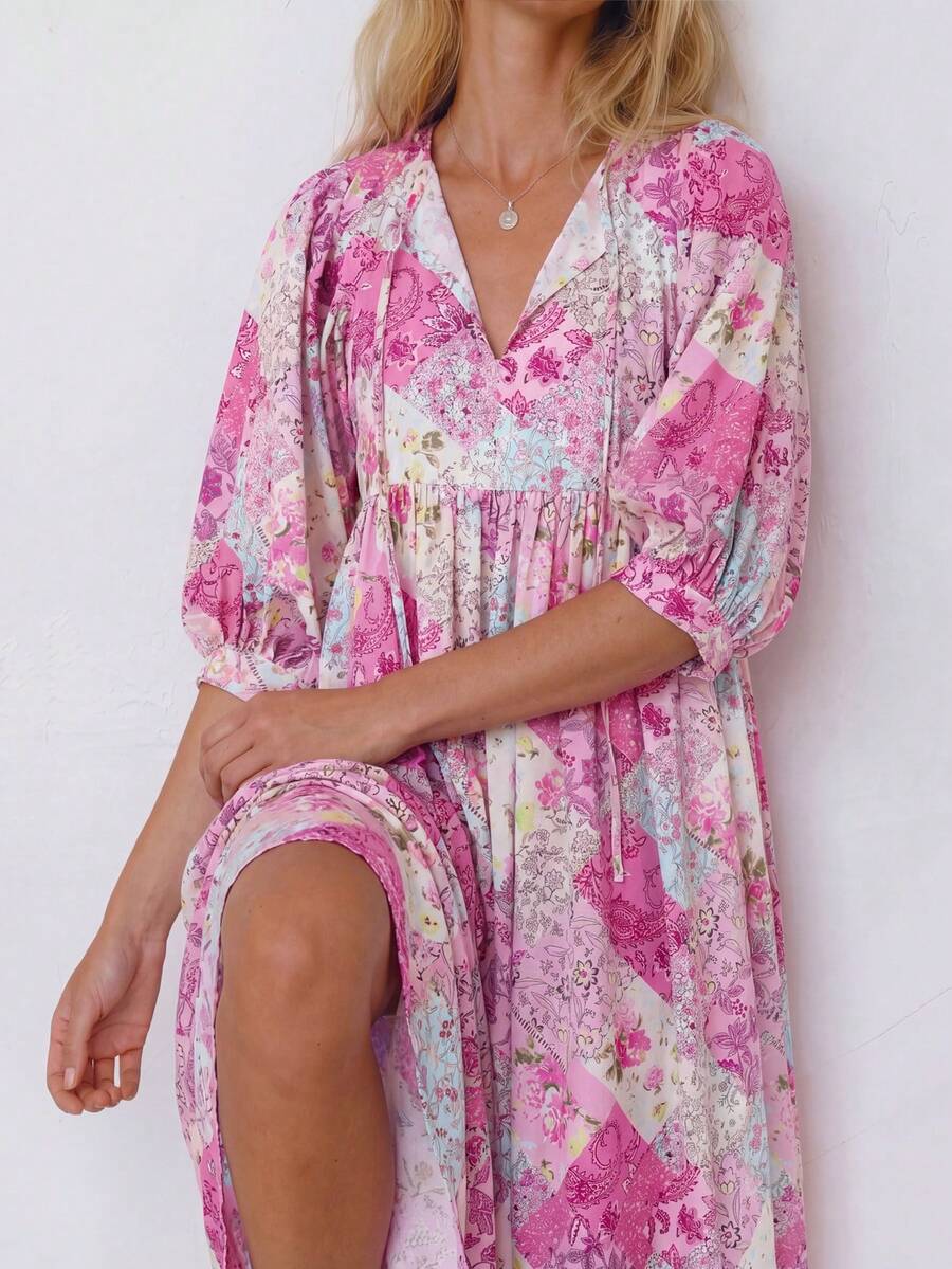 Đầm nữ kiểu Bohemian tay phồng, đầm thanh lịch cổ chữ V thắt eo có túi in họa tiết ngẫu nhiên, đầm mặc ngoài mùa hè cho nữ, trang phục đi biển cho nữ, thích hợp cho Ngày của Mẹ, đầm dự tiệc cưới cho nữ. - Màu Hồng Tươi - Xem 1