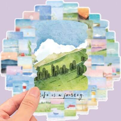 一包50张透明贴纸，图案为山海，哑光表面，适用于不规则形状的手机壳、笔记本电脑、水瓶和剪贴簿等——独特的装饰贴纸，一次性彩色贴花。