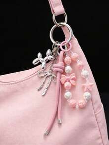 Pink Balloon Dog Pearl Bow Bag Charm Coquette Cute Keychain For Handbag Backpack Gift - Multicolor - View 3