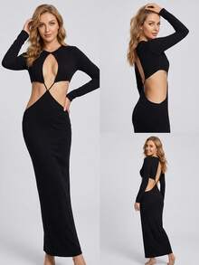 Vestido sexy de fiesta para chicas calientes, de color sólido, con mangas largas y abertura en la cintura - Negro - Ver 4