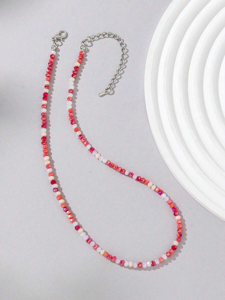 1pc Women Jelly Color Beaded Necklace (Beads Random) - Red + White N143Q - View 1