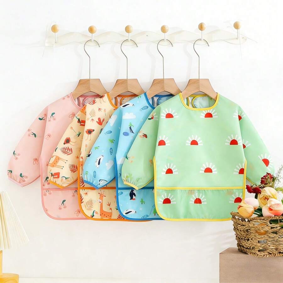 Infant Cartoon Hooded Smock, Fresh All-Over Print Baby Reversible Painting Apron - Multicolor - View 1