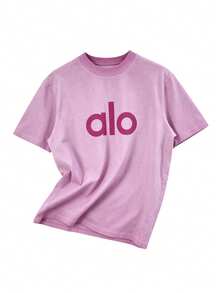 Alo Yoga Distressed Washed Pink T-Shirt, American Retro Loose Short-Sleeve, Sporty Casual Unisex Top - 查看 3