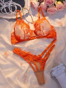 2pcs Orange Embroidered Wire-Free Bra Set, Fits Multiple Sizes. Sheer Mesh Lining + 3D Floral Embroidery, Sexy Yet Elegant. Adjustable Straps + Waist Bands Design Flatters Curves, Perfect For Everyday Or Special Occasions - Orange - View 6