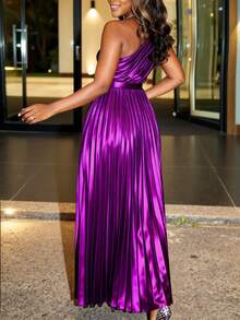 AOMEI Women's Elegant Purple Pleated Maxi Dress, Shiny Metallic Finish, Summer Party/Wedding/Cocktail Gown - Purple - View 3