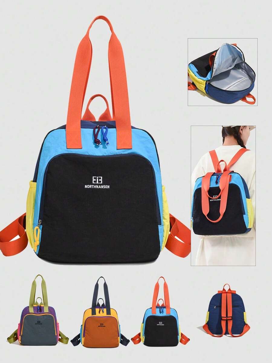 1 pieza Mochila de senderismo para hombre de gran capacidad, ligera, de nailon con bloques de color, con múltiples bolsillos y cierre de cremallera, para actividades al aire libre y campamento