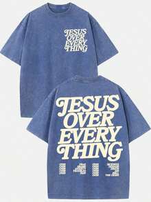 Summer Tops(230g T-Shirt) Washed Cotton "Jesus Over Everything" Religious Graphic Tee, Oversized Casual Crewneck Short Sleeve T-Shirt, Retro Soft Brea - 藍色 - 查看 9