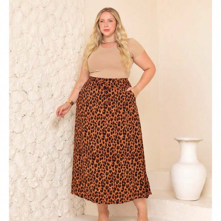Women's Plus Size Long Skirt In Viscose Linen – High Waist With Slit And Side Pockets - Multicolor - View 1