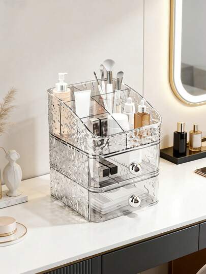 3/1pc Luxury Wavy Transparent Cosmetic Storage Box, 5-Compartment Top Organizer With Drawer, Makeup Organizer For Daily Use, Bathroom Countertop, Vanity, Stores Lipsticks, Perfumes, Skincare, Makeup Tools, DIY Crafts, Home Decor, Gift