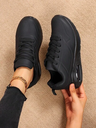 Women's Soft Bottom Comfortable Lightweight Round Toe Solid Color Breathable Air Cushion Round Toe Lace-Up Shock Absorbing Casual Commuting Driving School Student College Style Outdoor Running Sports Shoes