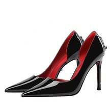 Metal Side Cut-Out Stilettos, Comfortable For The Feet, Women's Shoes Made Of Genuine Leather With Printed Red Soles, High-Quality Women's Single Shoes Made Of Patent Leather. - 1022ok da bóng màu đen, khoét bên hông, khóa bạc, 8CM - Xem 7
