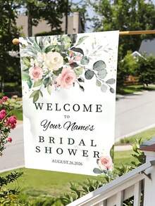 Customizable Wedding Party Pink Rose & Green Leaf Pattern Garden Flag, With "Welcome To The Wedding Party" Text, Can Add Custom Name And Date - Multicolor - View 5
