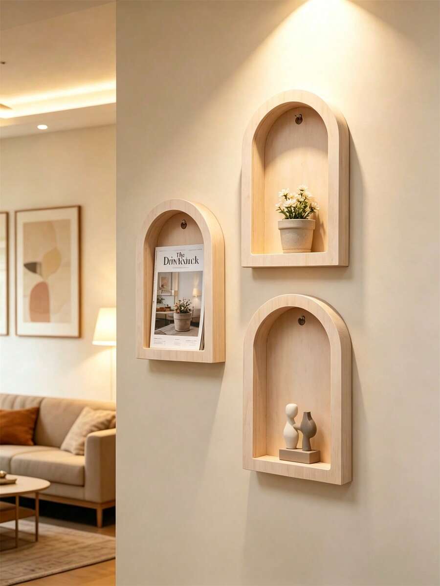 1pc/2pcs/3pcs Fashionable Arched Wooden Floating Wall Shelf, Minimalist Style Decor Wall Rack, Nordic Arched Wall-Mounted Shelf, Multi-Functional Easy Installation Space-Saving Storage Solution, Suitable For Bathroom, Bedroom, Living Room And Kitchen, Creative Birthday Gift (Random Color/Style)