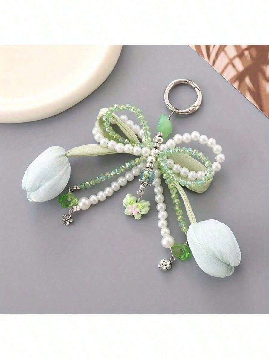 Elegant Tulip Keychain – Soft Pink, Mint Green, Lavender & White With Beads & Flower Charms, Durable Key Ring For Car, Keys, Bags, Perfect Birthday Gift & Portable Accessory KWWP 5SLS - 淺綠色 - 查看 1