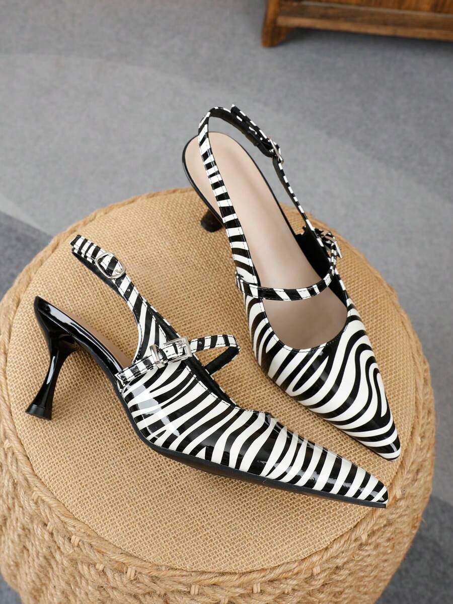 XBYASDF Women's Black & White Zebra Print Pointed Toe Slingback 7cm Kitten Heel High Heels, Fashion Buckle Strap Stiletto Pumps For Commute And Party - Black and White - View 1