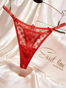 1PC Personalized Crystal Letter Sexy Thong Panty, Custom Name Lace G-String Bikini Underwear For Women, Romantic Gift For Girlfriend, Wife, Valentine's Day, Wedding, Honeymoon - Red - View 2